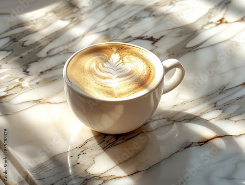 A cup of coffee with a beautiful latte art design on a marble table. AI. photo