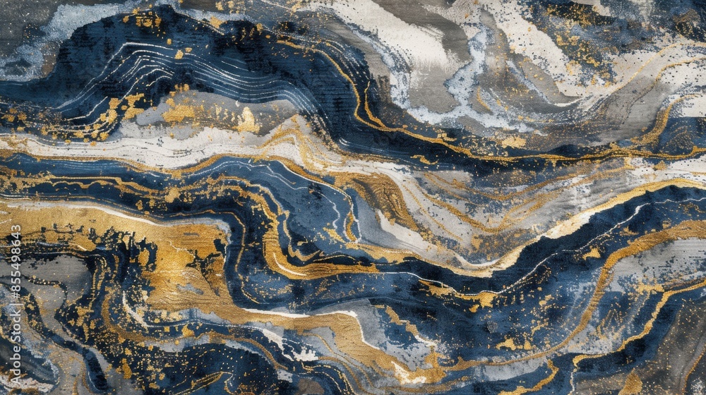 Deep blue, gray, and gold abstract art: swirling patterns, intricate lines, and splatters create a fluid, marbled effect. Blending of colors and textures evokes movement and depth. Deep blue, gray, and gold abstract art: swirling patterns, intricate lines, and splatters create a fluid, marbled effect. Blending of colors and textures evokes movement and depth.