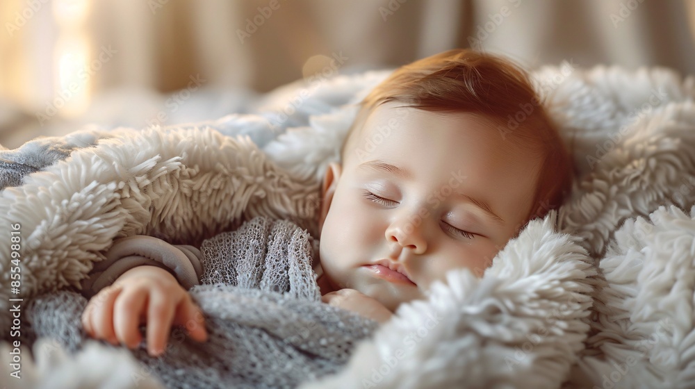 A newborn baby sleeps peacefully on a soft fur blanket, embodying the essence of tranquility and comfort. The infant's serene expression and cozy surroundings create a heartwarming scene of a sweet A newborn baby sleeps peacefully on a soft fur blanket, embodying the essence of tranquility and comfort. The infant's serene expression and cozy surroundings create a heartwarming scene of a sweet