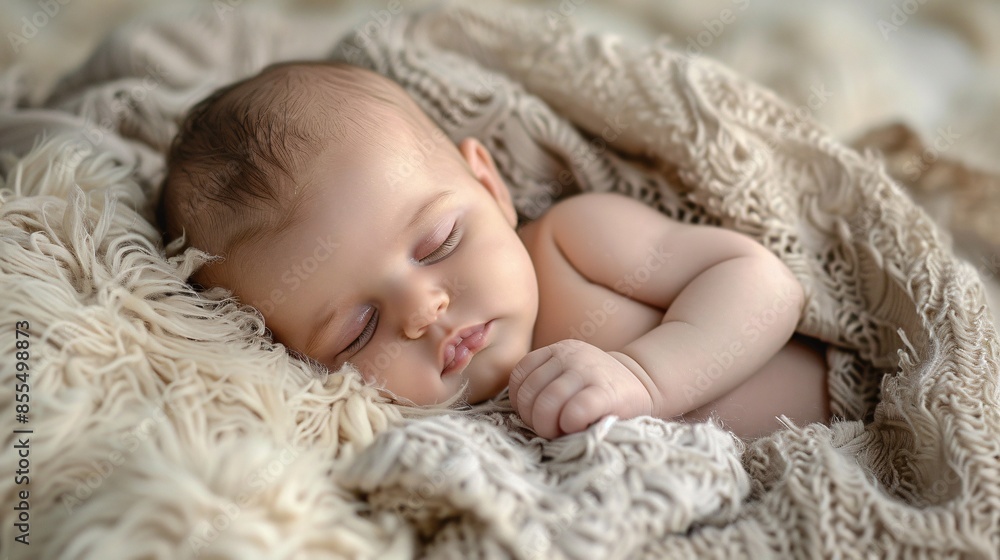 In a serene setting, a newborn baby lies comfortably on a soft fur, enveloped in a sense of coziness and security. The peaceful nap of this little treasure is beautifully captured, offering ample In a serene setting, a newborn baby lies comfortably on a soft fur, enveloped in a sense of coziness and security. The peaceful nap of this little treasure is beautifully captured, offering ample