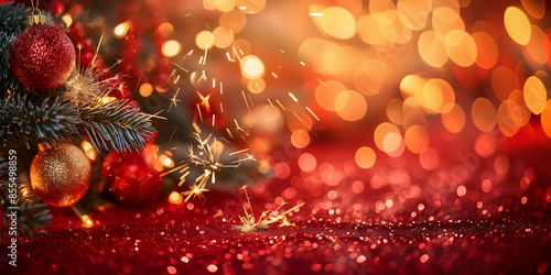 Abstract Christmas background with glowing golden bokeh lights and Christmas balls on a red background is often used in the decoration of festive events, in marketing and design.