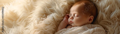 Against a simple backdrop, a newborn baby naps soundly on a plush fur surface. The image exudes warmth and serenity, highlighting the peacefulness of a sweet child in a dreamy slumber, with plenty of