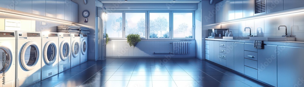 Fototapeta premium Hightech utility room, highefficiency laundry system, water recycling technology, digital control panel, cool tones, digital art