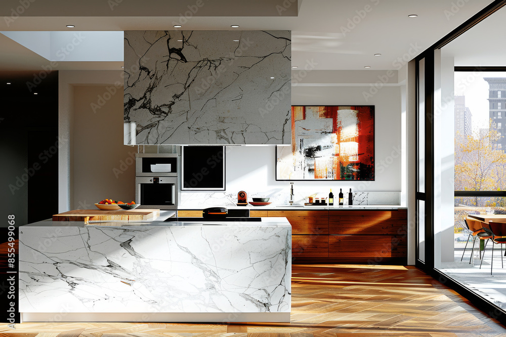 Obraz premium Modern Kitchen with White Walls and Wooden Table