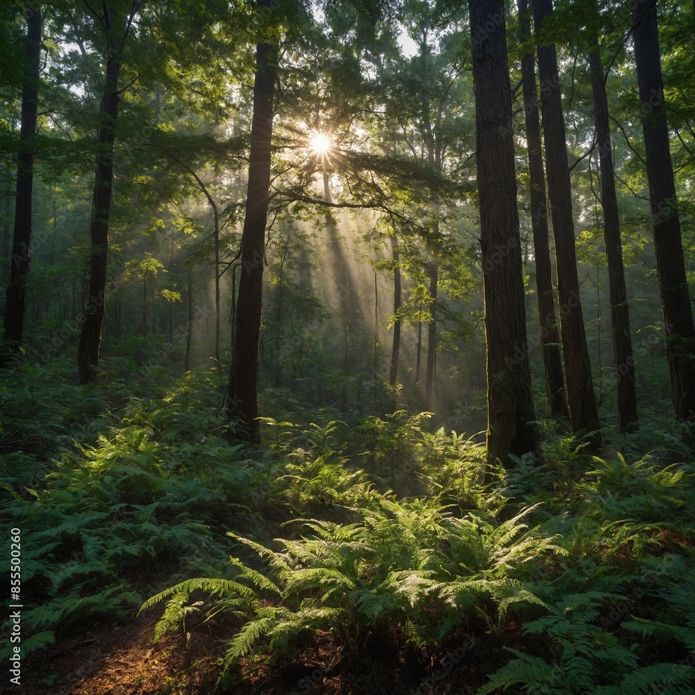 Forest Serenity: Describe a dense forest awakening to the first light of day, where shafts of sunlight filter through the canopy, dappling the forest floor with patches of warmth on Morning Day. Forest Serenity: Describe a dense forest awakening to the first light of day, where shafts of sunlight filter through the canopy, dappling the forest floor with patches of warmth on Morning Day.