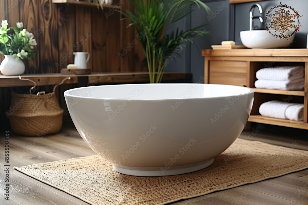 Fototapeta premium White and Wooden Bathroom with Tub and Sink