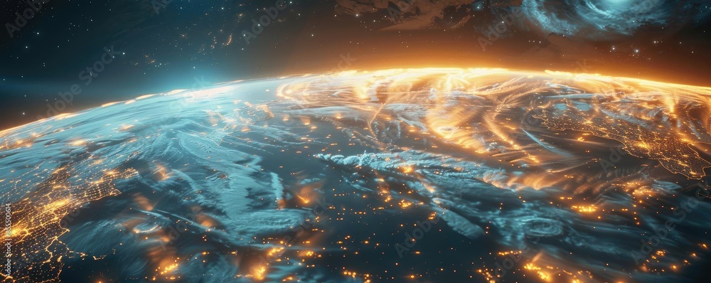 custom made wallpaper toronto digitalBreathtaking view of Earth at night from space, showcasing illuminated cities and natural landscapes under the vast cosmos.