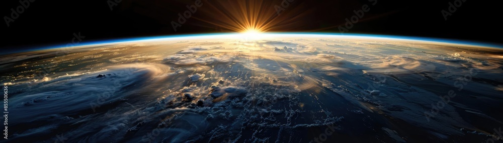 Breathtaking view of Earth from space, capturing the sunrise over its horizon, showcasing natural beauty and the vastness of the planet. Breathtaking view of Earth from space, capturing the sunrise over its horizon, showcasing natural beauty and the vastness of the planet.