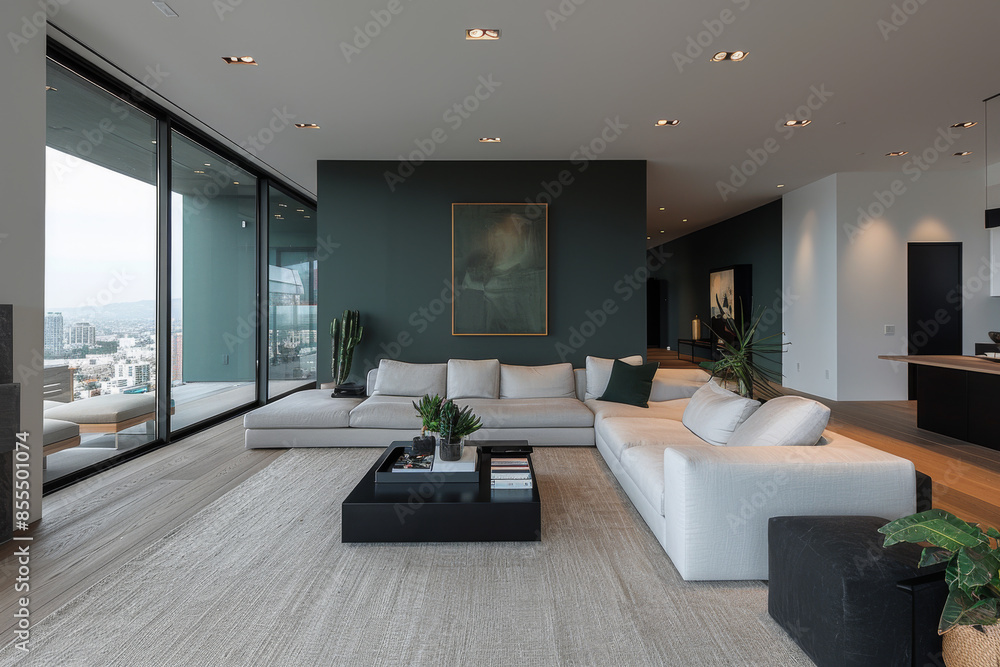 Fototapeta premium Panoramic Gray Living Room with Poster