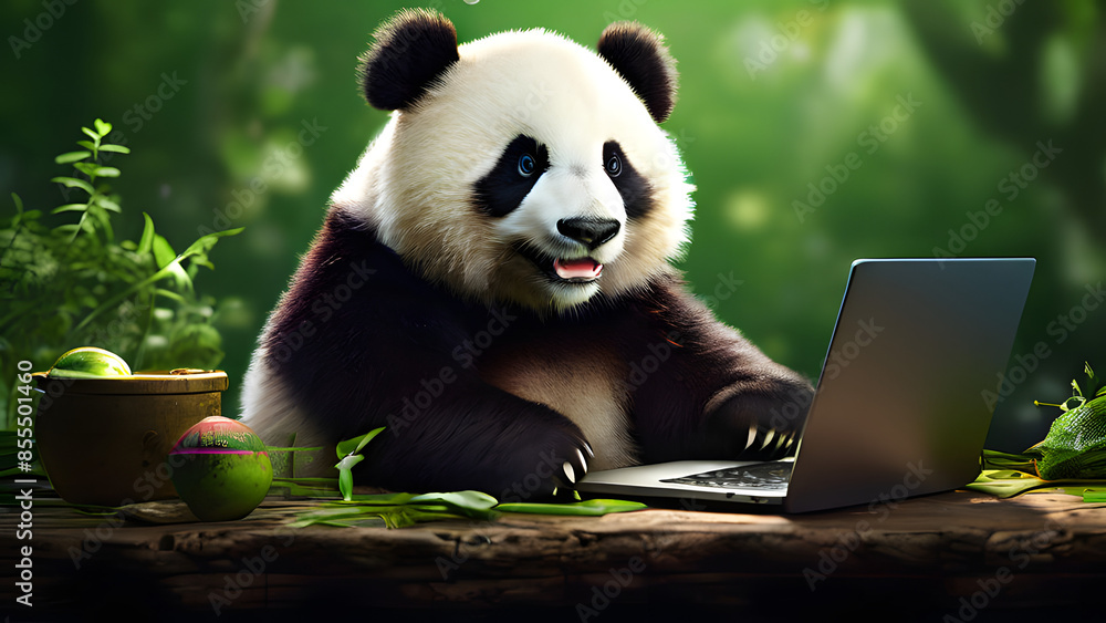 Fototapeta premium young panda smiling and working on laptop green background reals tick look