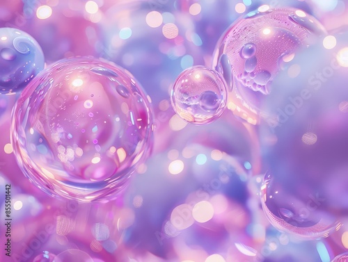 Transparent textured bubbles shine and float on pink background