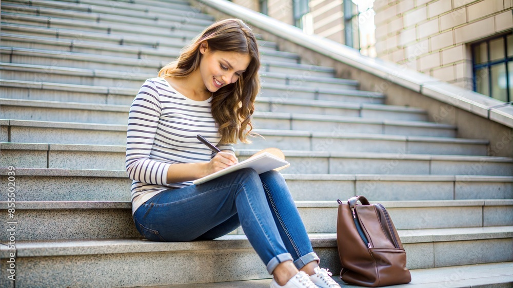 Student with Notebook and Pen on Campus Steps: A student writing in a notebook while sitting on campus steps, capturing a casual study moment.
Student with Notebook and Pen on Campus Steps: A student writing in a notebook while sitting on campus steps, capturing a casual study moment.