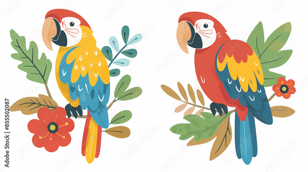 Obraz premium The Macaw parrot sit with green leaves on a white background