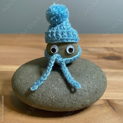 handmade blue knitted hat on a wooden background with a candle.