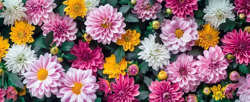 A Beautiful Garden Scene Featuring Vibrant Pink and White Daisies with Green Leaves and Bright Yellow Flowers A Beautiful Garden Scene Featuring Vibrant Pink and White Daisies with Green Leaves and Bright Yellow Flowers
