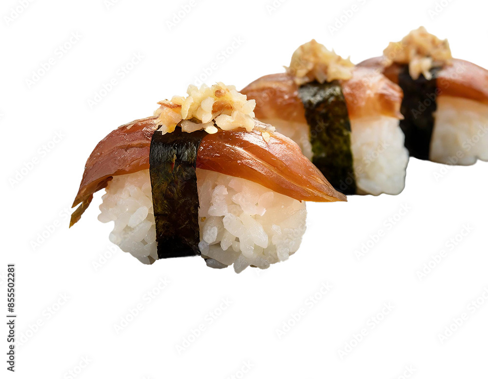 Bite sized pieces of brown rice sushi topped with smoked salmon Bite sized pieces of brown rice sushi topped with smoked salmon