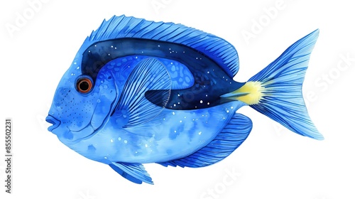 A blue tang fish clipart, ocean creature element, watercolor illustration, bright blue, isolated on white background