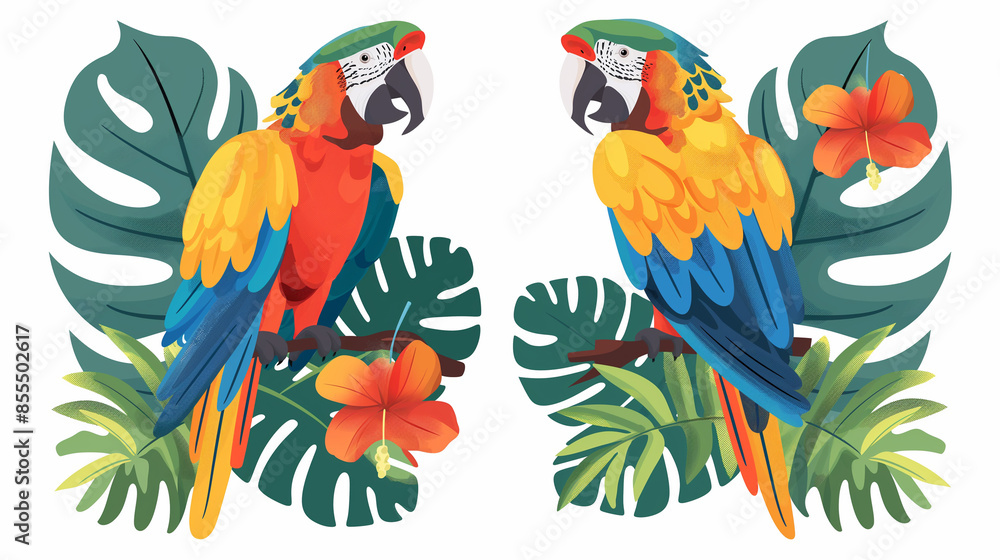 Fototapeta premium The Macaw parrot sit with green leaves on a white background