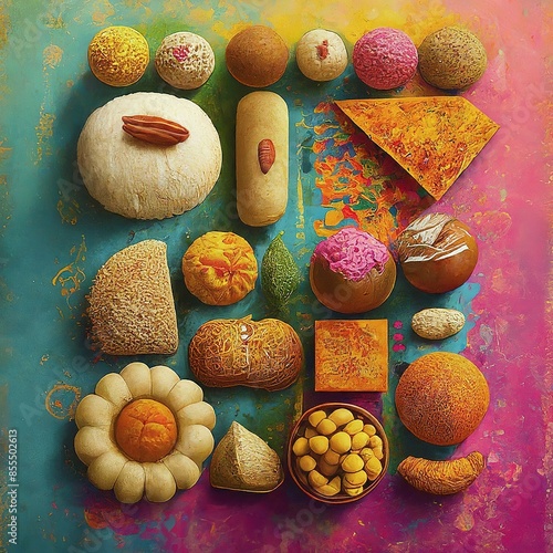 set of different colorful candies and sweets on a dark background