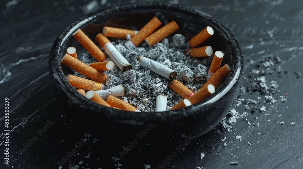 Ashtray filled with broken cigarettes and ashes, representing the fight against smoking addiction, raw and realistic Ashtray filled with broken cigarettes and ashes, representing the fight against smoking addiction, raw and realistic