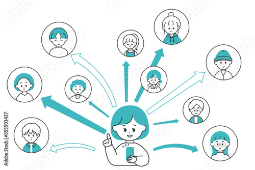 バイラルメディアでバイラルマーケティングを行う若い女性のイラスト素材