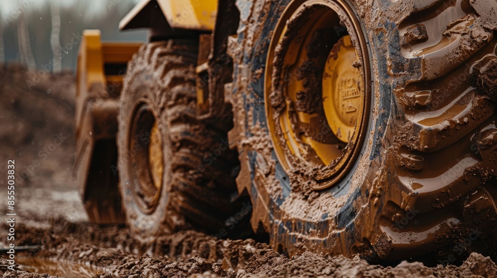 Close-up shot of dirty loader wheels, caked with soil, earthmoving equipment at a road construction site Close-up shot of dirty loader wheels, caked with soil, earthmoving equipment at a road construction site