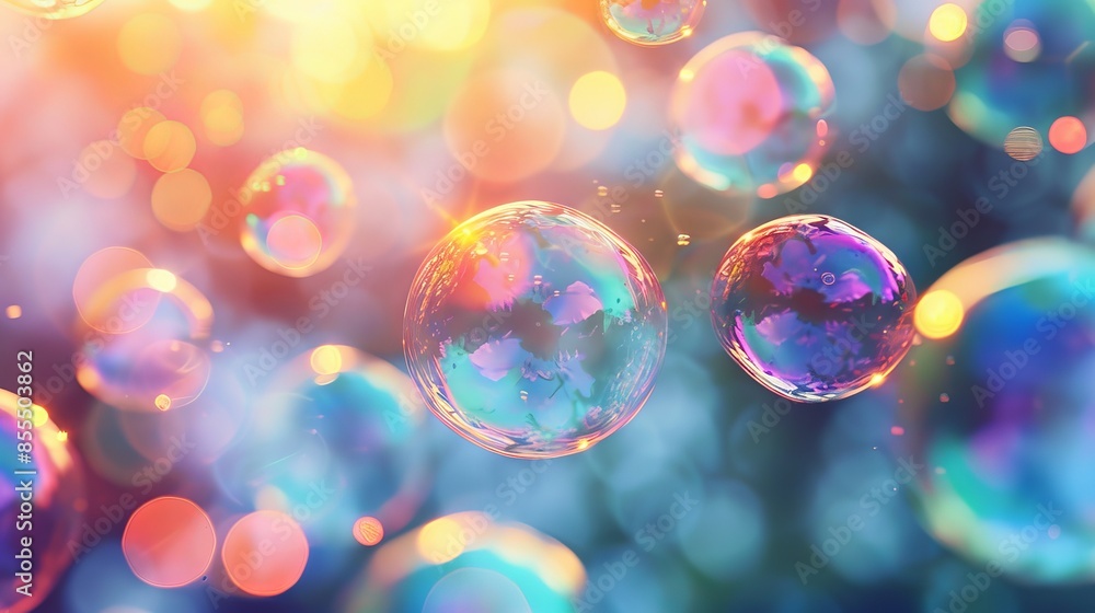 Cluster of colorful soap bubbles reflecting rainbow light, suspended in the air with ample copy space, delicate and ethereal Cluster of colorful soap bubbles reflecting rainbow light, suspended in the air with ample copy space, delicate and ethereal
