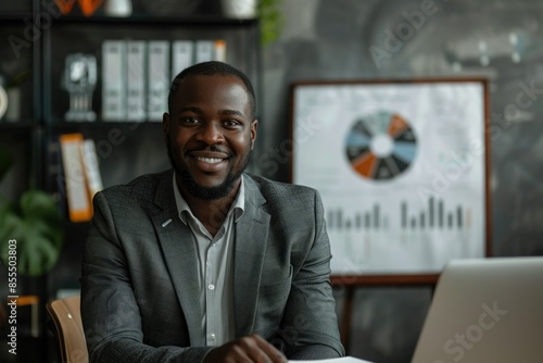 A successful entrepreneur in a modern office, holding a framed certificate of recognition for outstanding business performance. The individual is smiling confidently, with a vision board and growth photo
