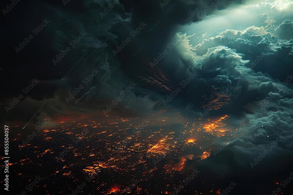 Dramatic aerial view of a city at night with glowing lights, obscured by menacing dark clouds and illuminated by a streak of sunlight. Dramatic aerial view of a city at night with glowing lights, obscured by menacing dark clouds and illuminated by a streak of sunlight.