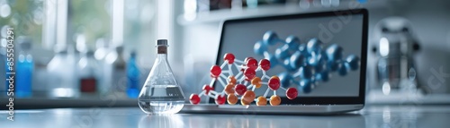 Pharmaceutical advances in drug development visualized through a molecular model on a laptop next to foodgrade samples, laboratory setting photo