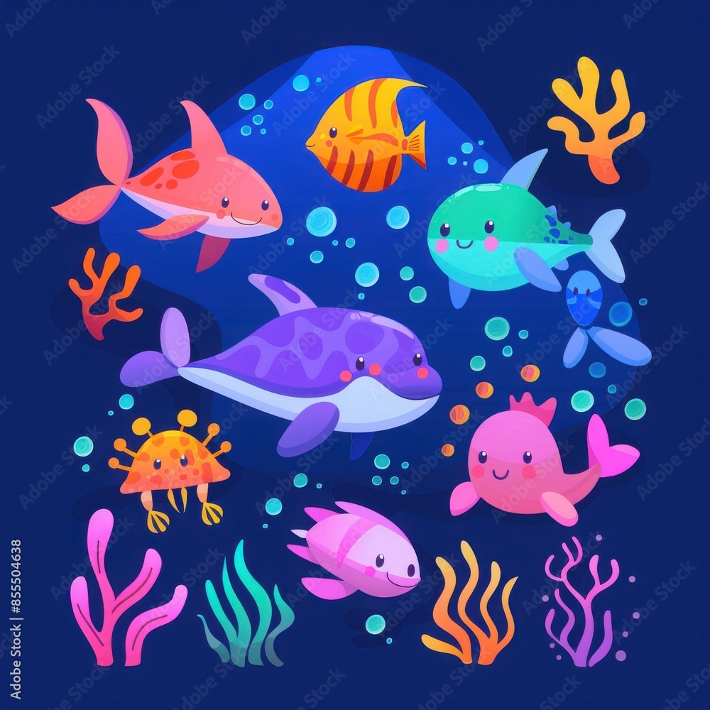 Colorful underwater illustration featuring cute sea animals like fish, dolphin, and coral amidst a vibrant oceanic background. Colorful underwater illustration featuring cute sea animals like fish, dolphin, and coral amidst a vibrant oceanic background.