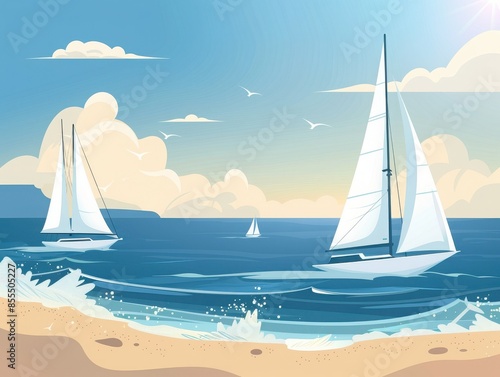 Scenic seascape with sailboats sailing in tranquil waters under blue skies. Perfect for representing a sunny, peaceful day at the beach.