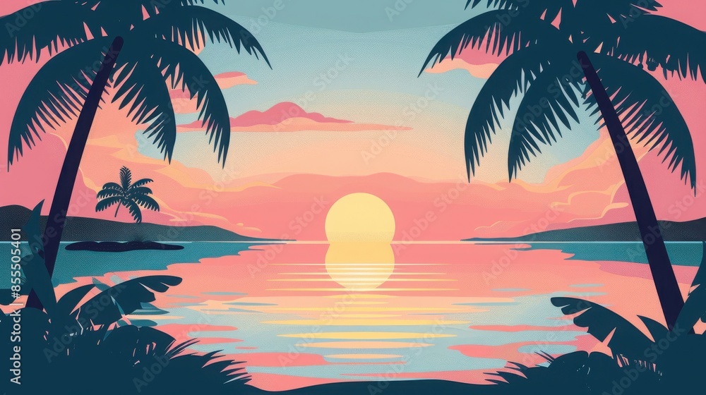 Vector illustration of a tropical sunset with palm trees silhouetted against a colorful sky reflecting on calm ocean waters.