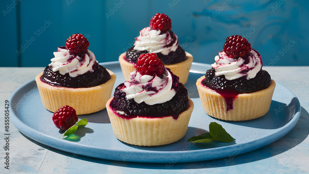 A blue plate with four cupcakes with whipped cream and raspberries on top A blue plate with four cupcakes with whipped cream and raspberries on top