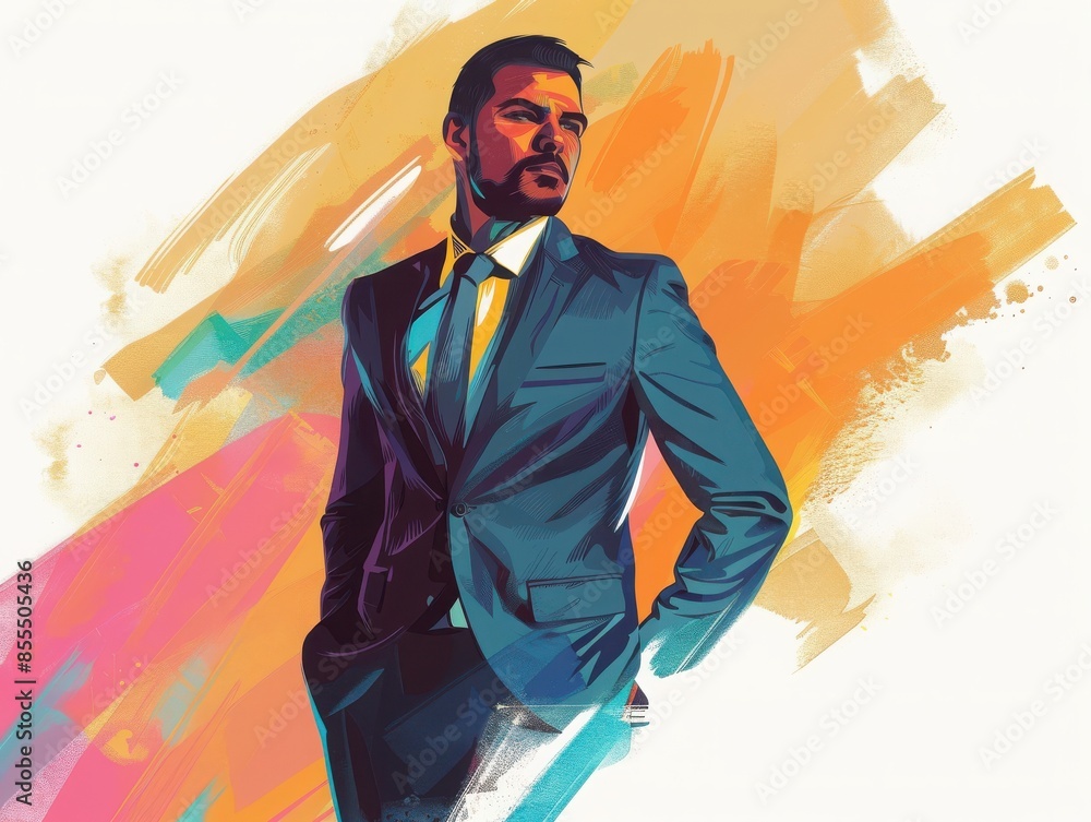 Vibrant illustration of a confident man in a suit against an abstract colorful background, showcasing modern digital art and style. Vibrant illustration of a confident man in a suit against an abstract colorful background, showcasing modern digital art and style.