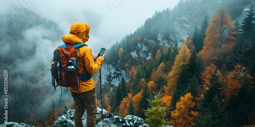 Adventurous Hiker Explores Misty Autumn Landscape on Scenic Mountain Trail