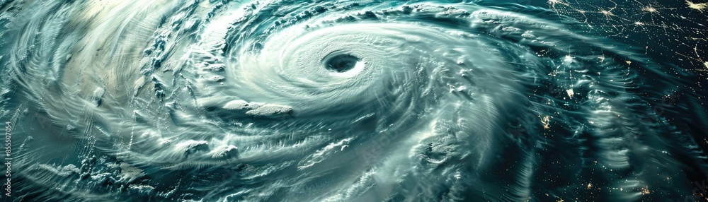 Aerial view of a massive hurricane swirling over the ocean, showcasing ...