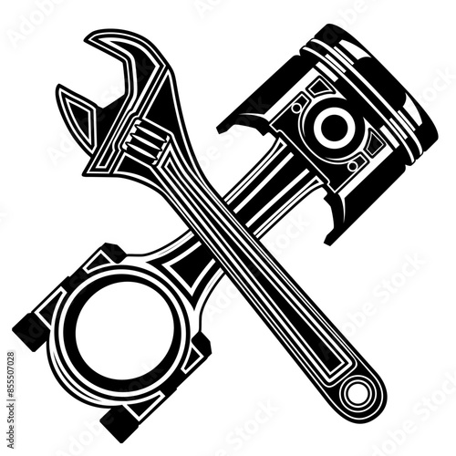 Crossed pistons and Adjustable wrench icon. mechanical car engine symbol design vector illustration
