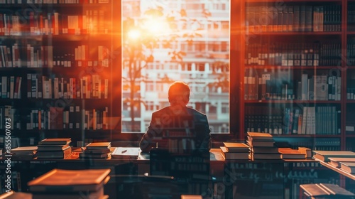 Wallpaper Mural A person sits in a library, bathed in the warm glow of the sunset, surrounded by books and immersed in study. Torontodigital.ca