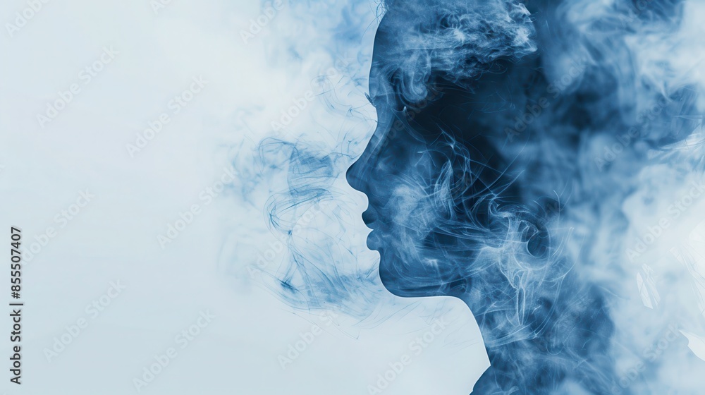 Abstract silhouette of a face enveloped in smoke, creating a mysterious and ethereal visual effect with blue tones. Abstract silhouette of a face enveloped in smoke, creating a mysterious and ethereal visual effect with blue tones.