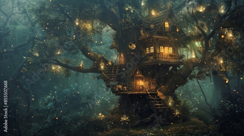 Enchanted treehouse with a little witch, deep in a dark forest, magical creatures and glowing flora adding a mystical aura