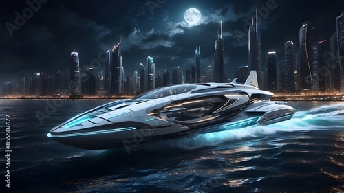 Futuristic speedboat cutting through water under night sky, nighttime thrill: Futuristic speedboat slices through water, sleek futuristic speedboat navigating waters by night, speedboat of the future 