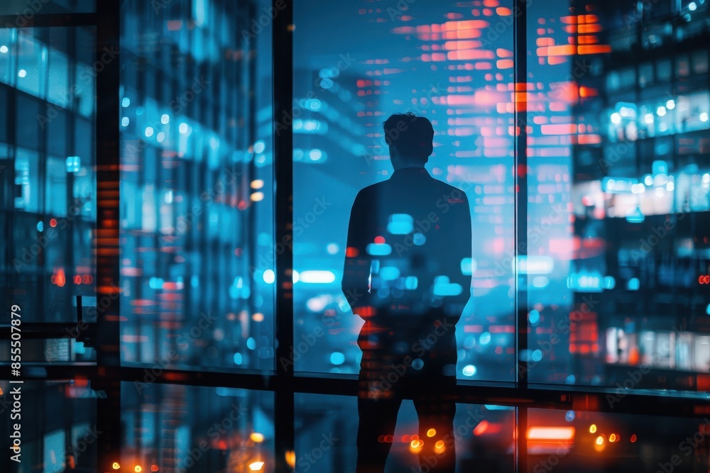 Silhouette of a man looking at city lights through a window with reflections, representing technology and modern urban life.