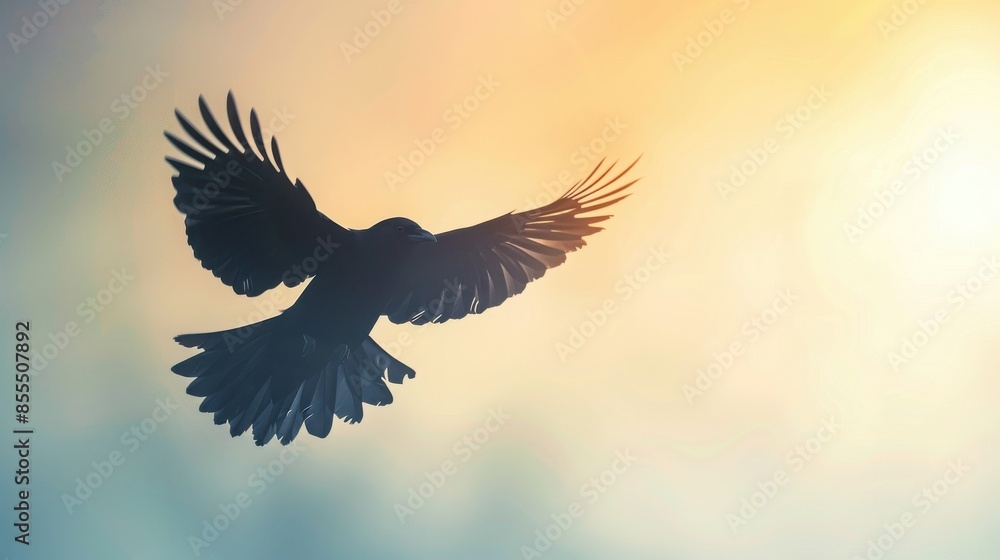 Fototapeta premium Silhouette of a bird in flight against a dreamy sunset sky, symbolizing freedom and serenity.