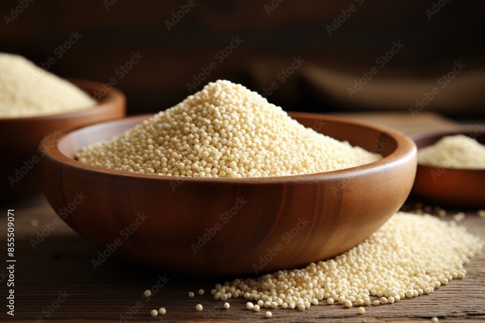 A Close-up of raw quinoa grains in a wooden bowl on a rustic wooden table, with more grains scattered around, perfect for healthy diet concept. A Close-up of raw quinoa grains in a wooden bowl on a rustic wooden table, with more grains scattered around, perfect for healthy diet concept.