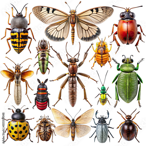 Various insects - beetles, moths, flies - arranged in a grid on a white background, highlighting their diverse shapes and colors. Generative AI photo