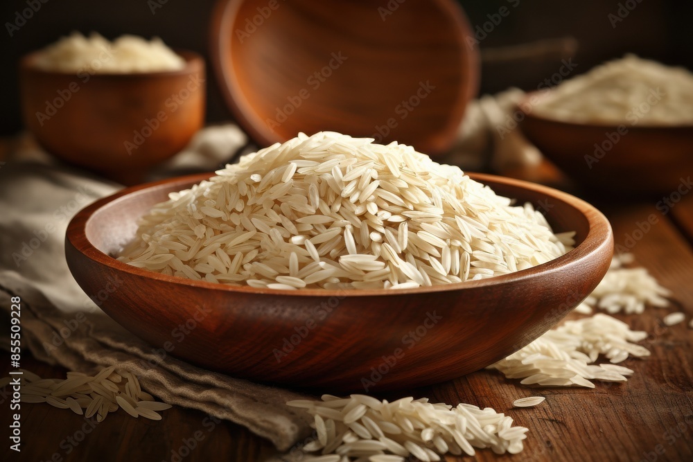 A wooden bowl filled with uncooked white rice placed on a rustic table, surrounded by additional bowls and scattered rice grains. A wooden bowl filled with uncooked white rice placed on a rustic table, surrounded by additional bowls and scattered rice grains.