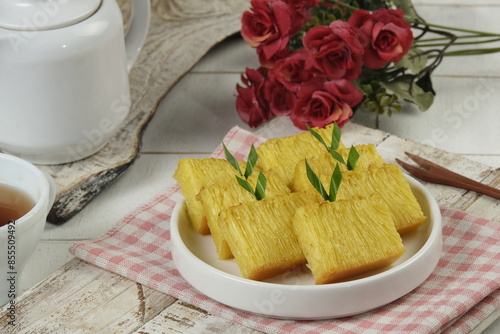 Bika ambon,Indonesian honeycomb cake.Popular from Medan, Indonesia.golden cake or golden kuih bingka in Singapore photo