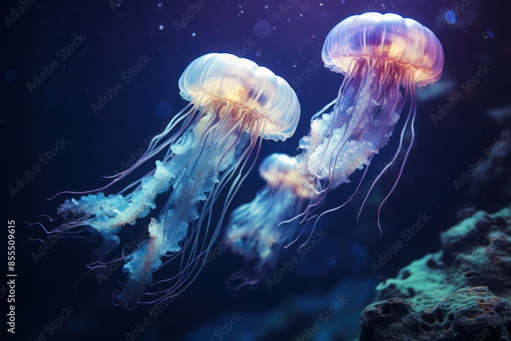 Mesmerizing image of two glowing jellyfish drifting gracefully in the ...