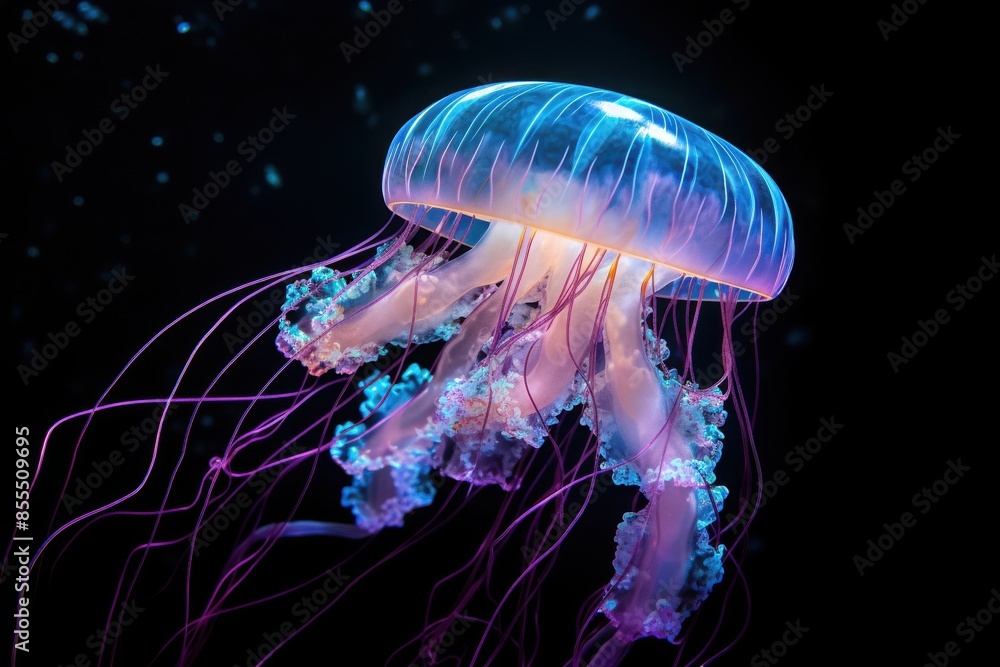 Fototapeta premium Vibrant bioluminescent jellyfish floating gracefully in the dark ocean, with glowing tentacles and a mesmerizing blue and purple hue.